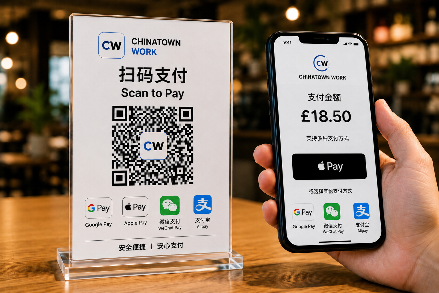 QR payment stand with phone payment screen